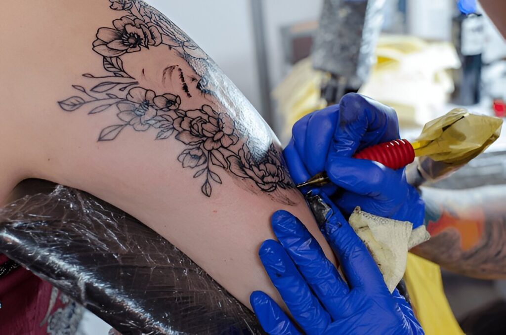 floral name cover up tattoo design