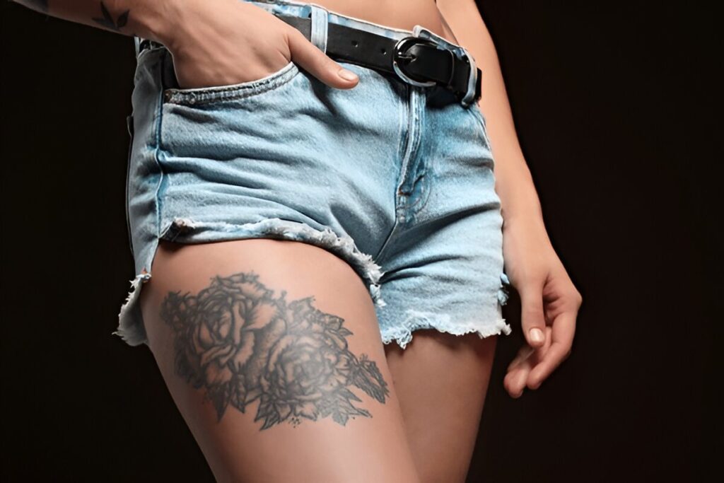 script upper leg tattoo ideas for women