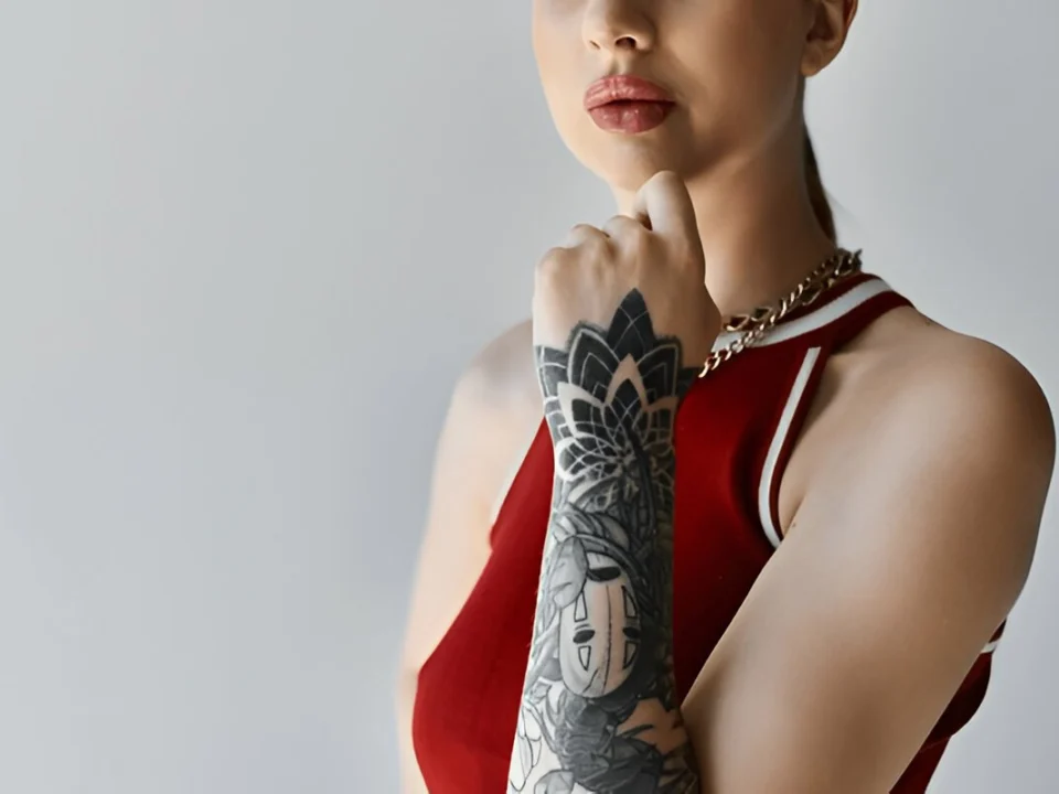 Black and grey sleeve tattoo fillers with background shading