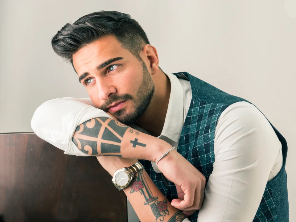 Fine line geometric gap filler tattoo for men