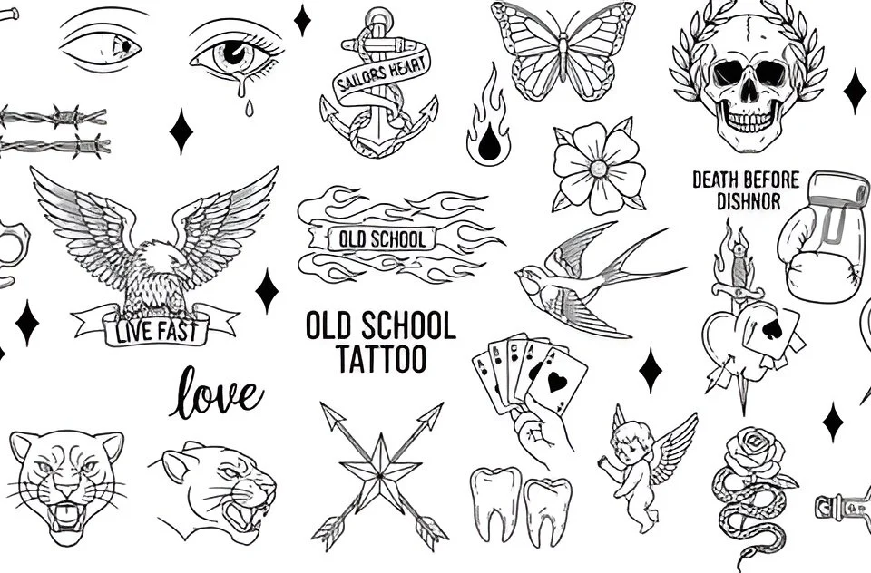 classic tattoo flash sheet with traditional sailor tattoo designs