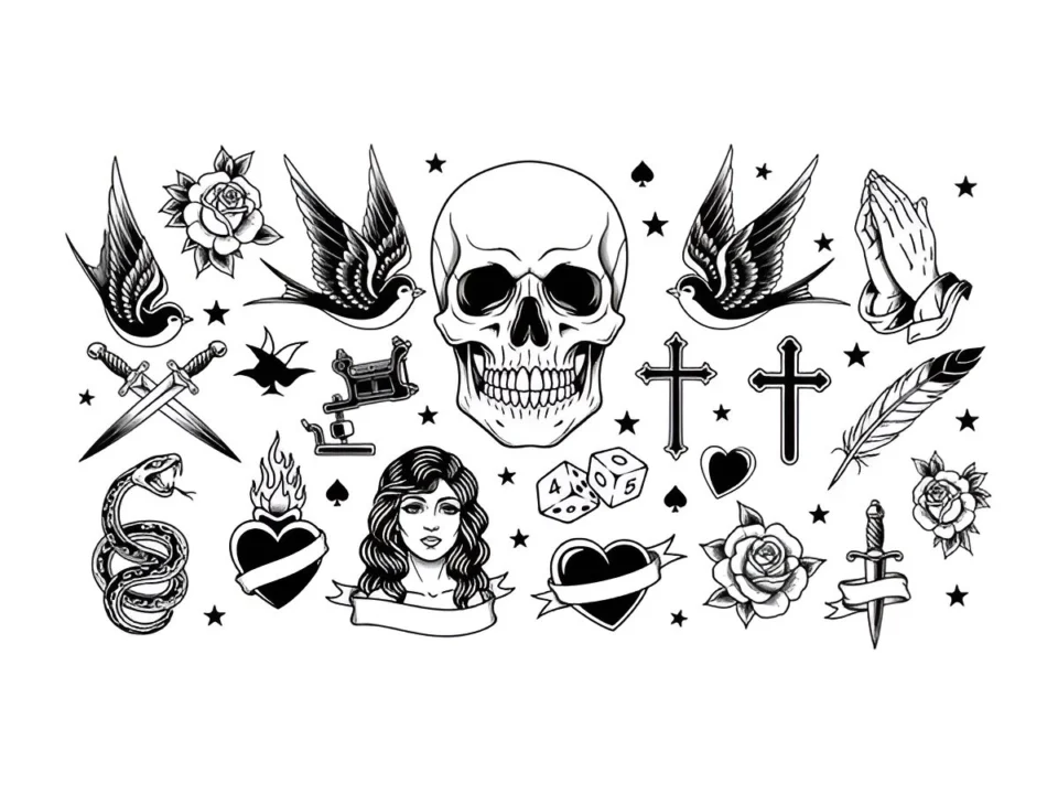 skull tattoo flash design commonly used in traditional tattoo flash sheets