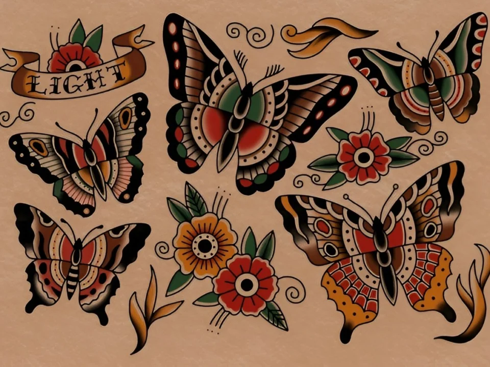 traditional tattoo flash sheet with classic skull and rose tattoo designs