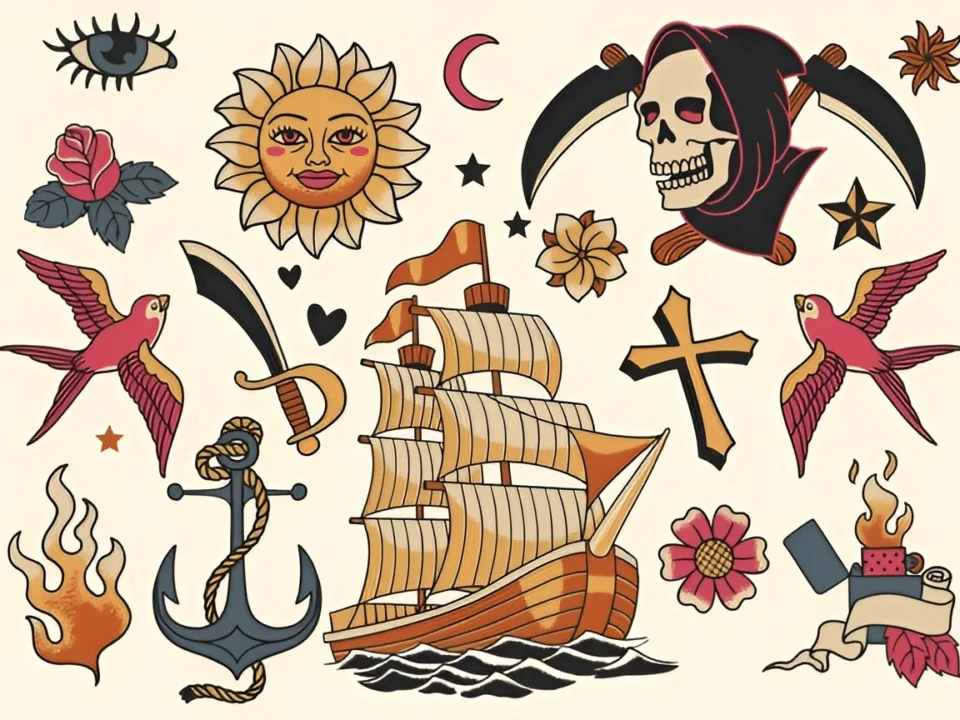 tattoo flash sheet artwork showing classic traditional tattoo designs