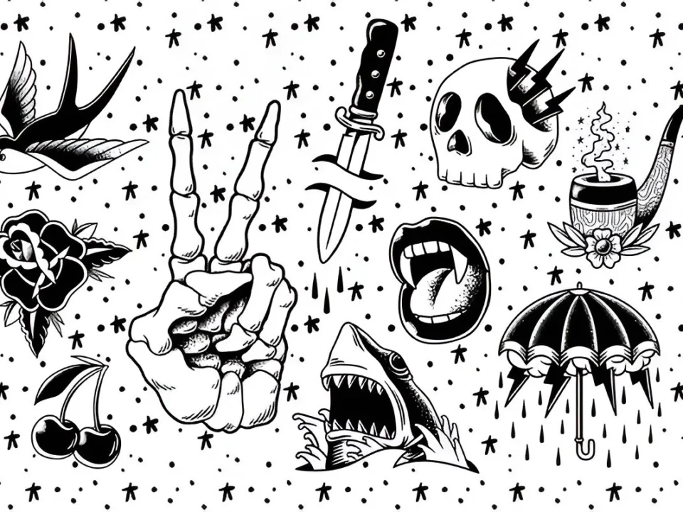 traditional tattoo flash designs sheet with classic sailor tattoos