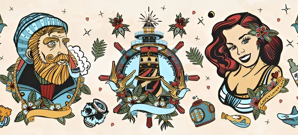 vintage flash tattoo sheet with sailor tattoo artwork
