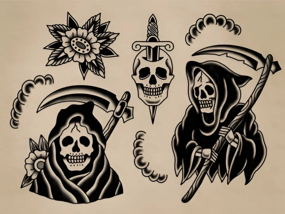 vintage tattoo flash sheet featuring traditional sailor tattoo artwork