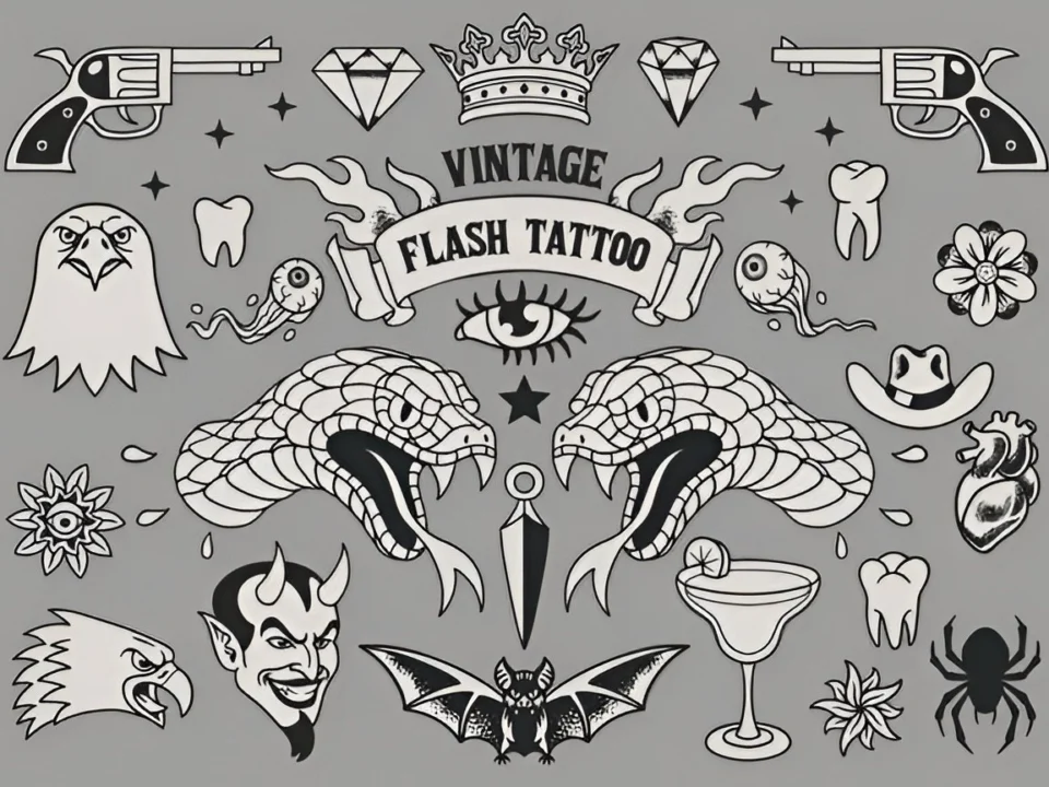 vintage tattoo flash sheet with skull and rose tattoo designs