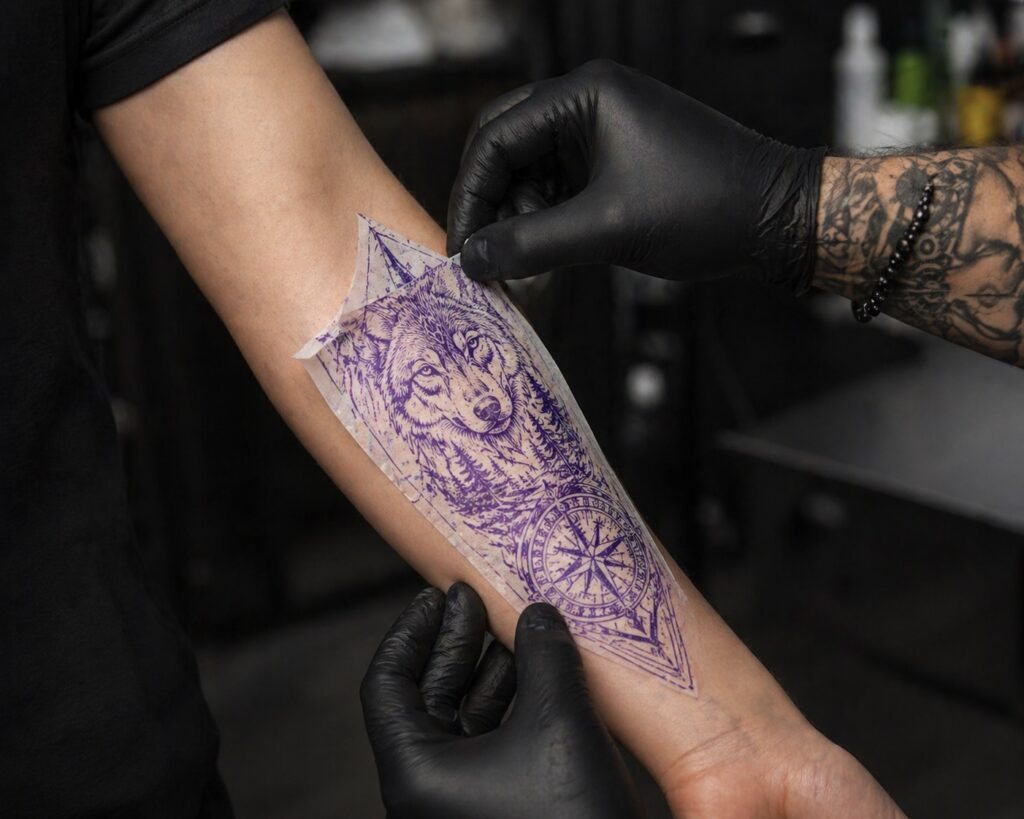 tattoo stencil application process on skin step by step