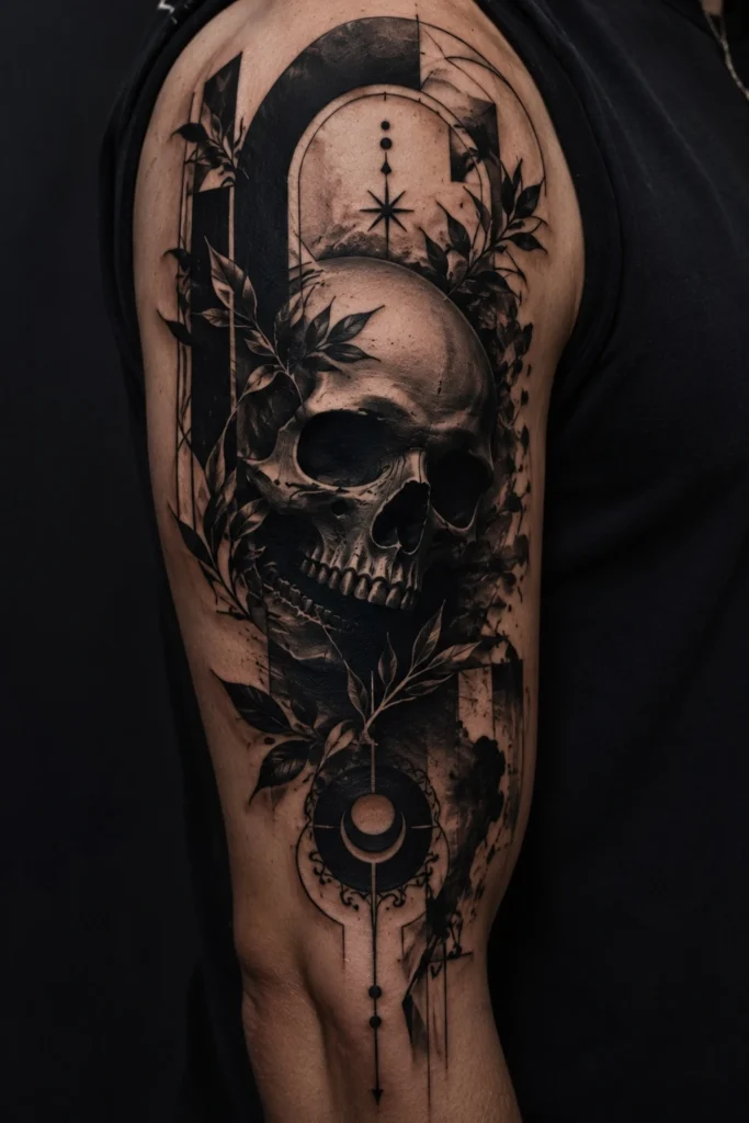 dark theme skull tattoo ideas for men blackwork design 2026