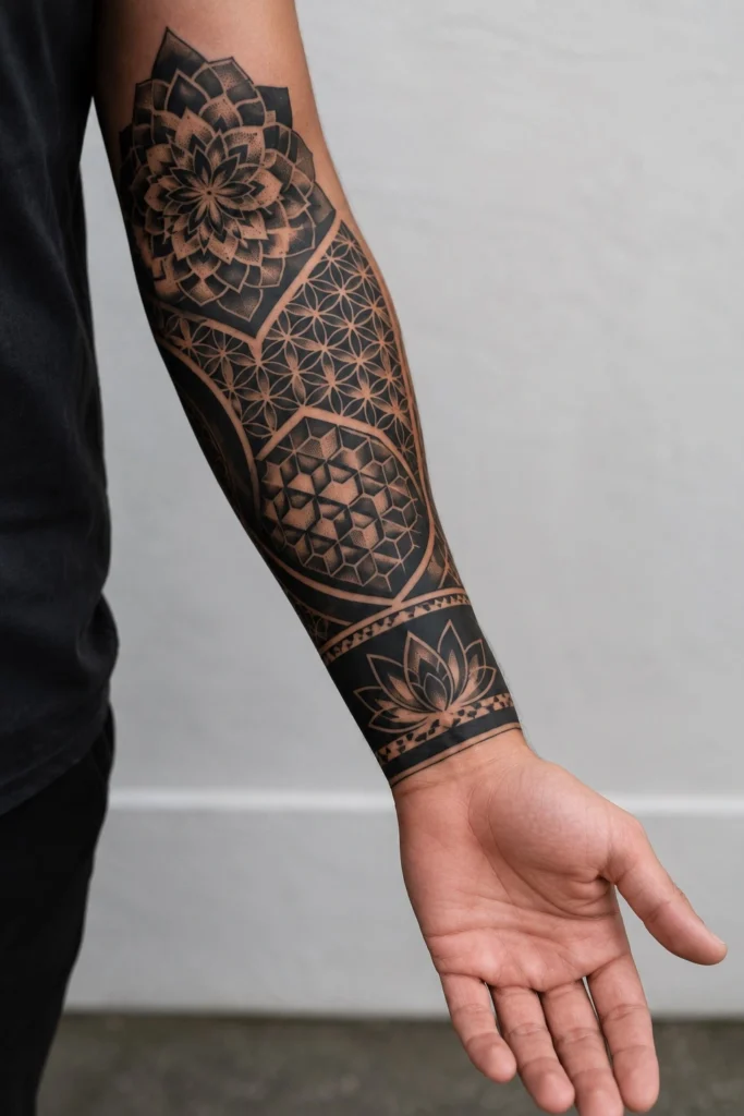 geometric blackwork tattoo ideas for men forearm 2026