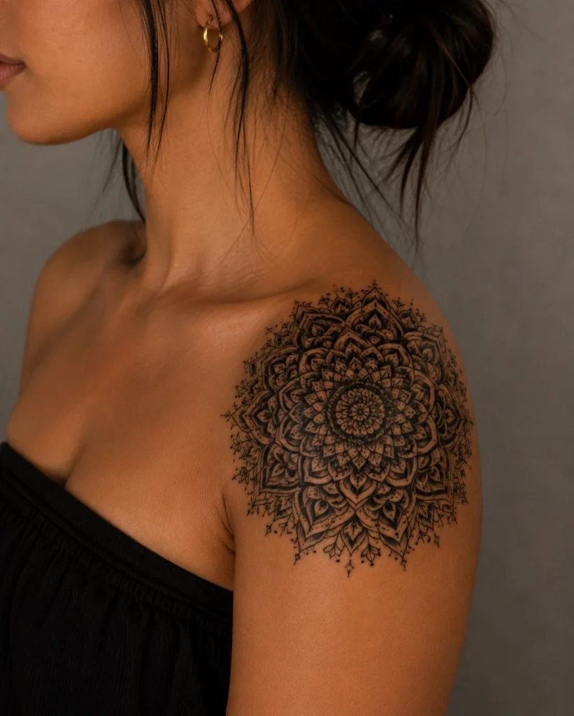 blackwork mandala shoulder tattoo ideas for women geometric bold