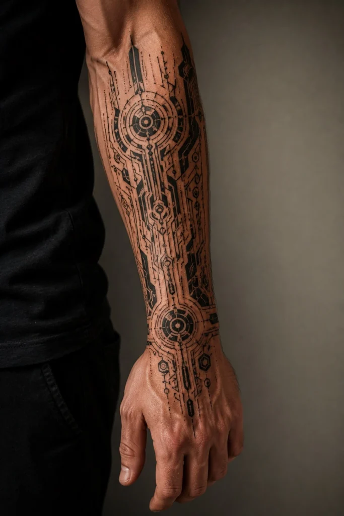 cool arm tattoo ideas for men cyber sigilism biomechanical forearm