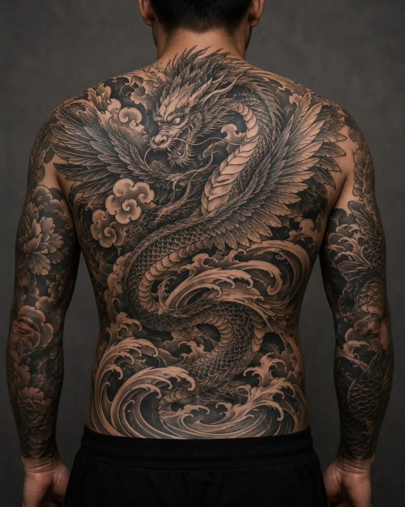 cool back tattoo ideas for men Japanese dragon blackwork large scale