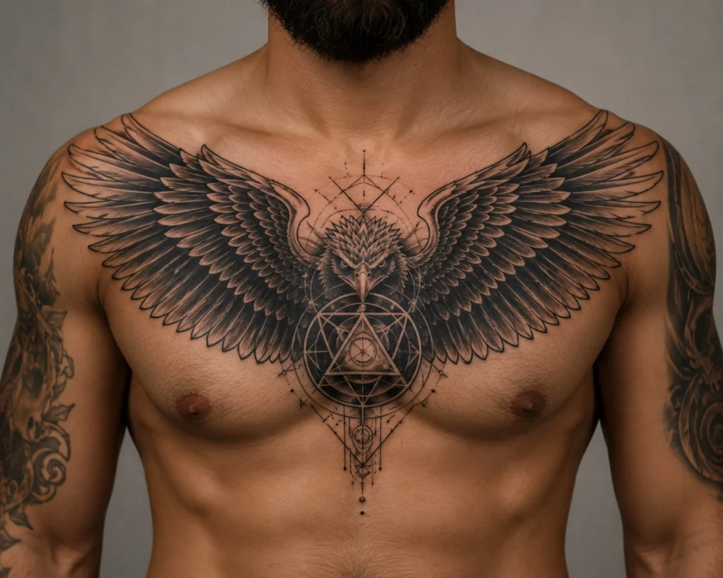 cool chest tattoo ideas for men eagle wings Japanese dragon geometric