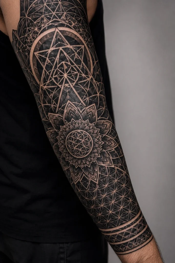 cool geometric blackwork tattoo ideas for men sleeve arm