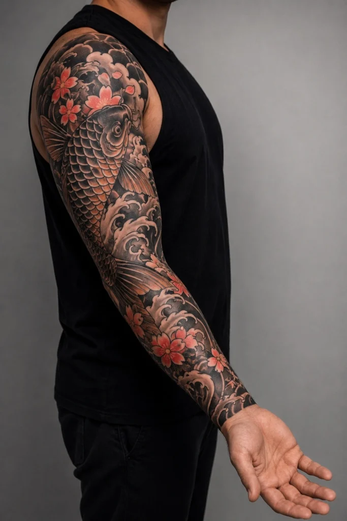 cool sleeve tattoo ideas for men Japanese irezumi geometric blackwork