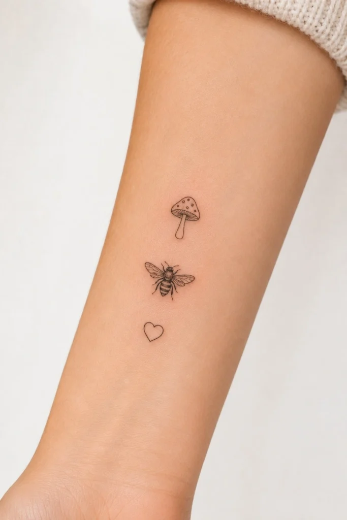 Cute Small Tattoo Ideas Women Bee Mushroom Heart Fine Line cute small tattoo ideas for women bee mushroom heart fine line
