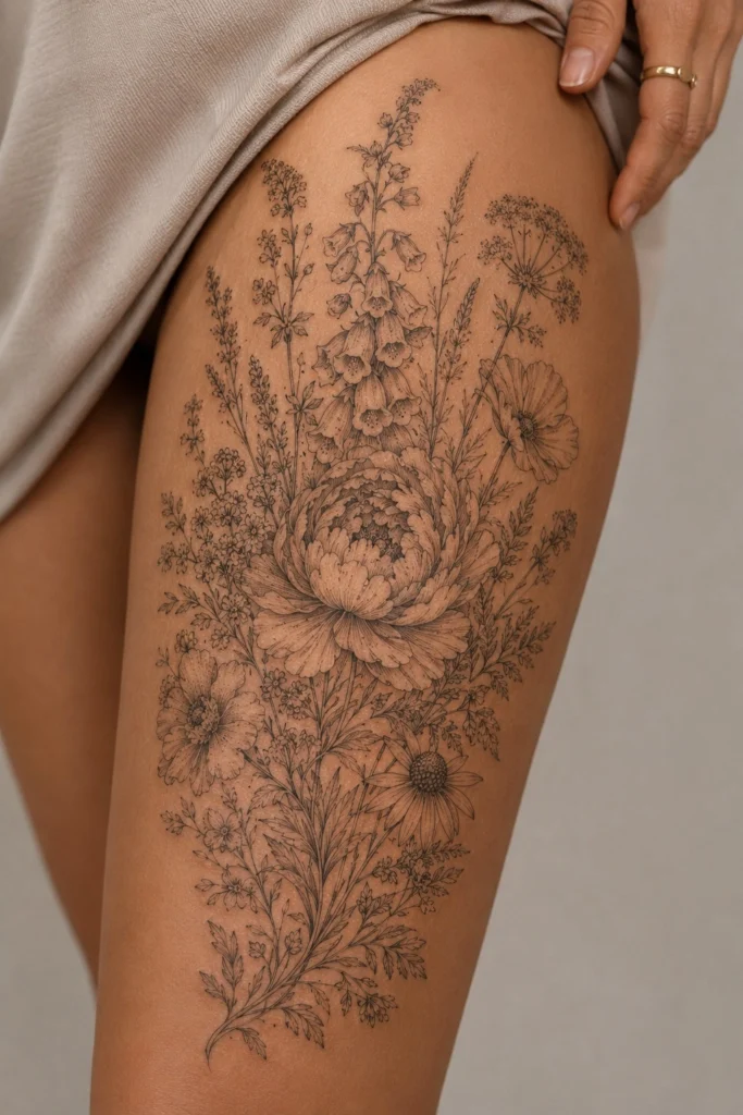 fine line thigh tattoo ideas for women single needle botanical portrait