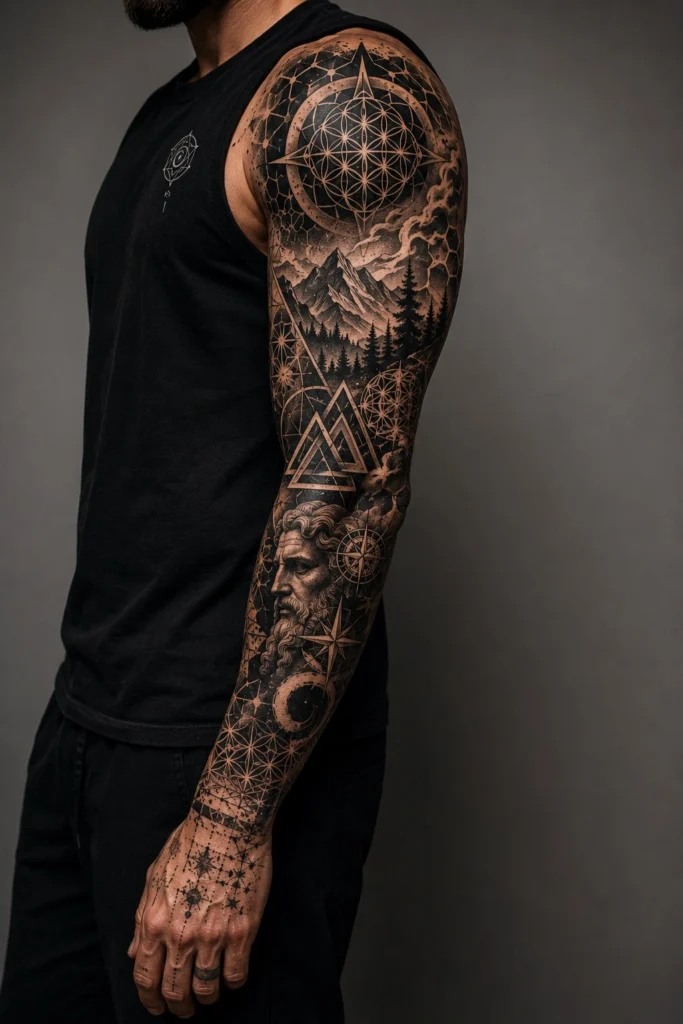 full sleeve tattoo ideas for men japanese geometric blackwork shoulder wrist