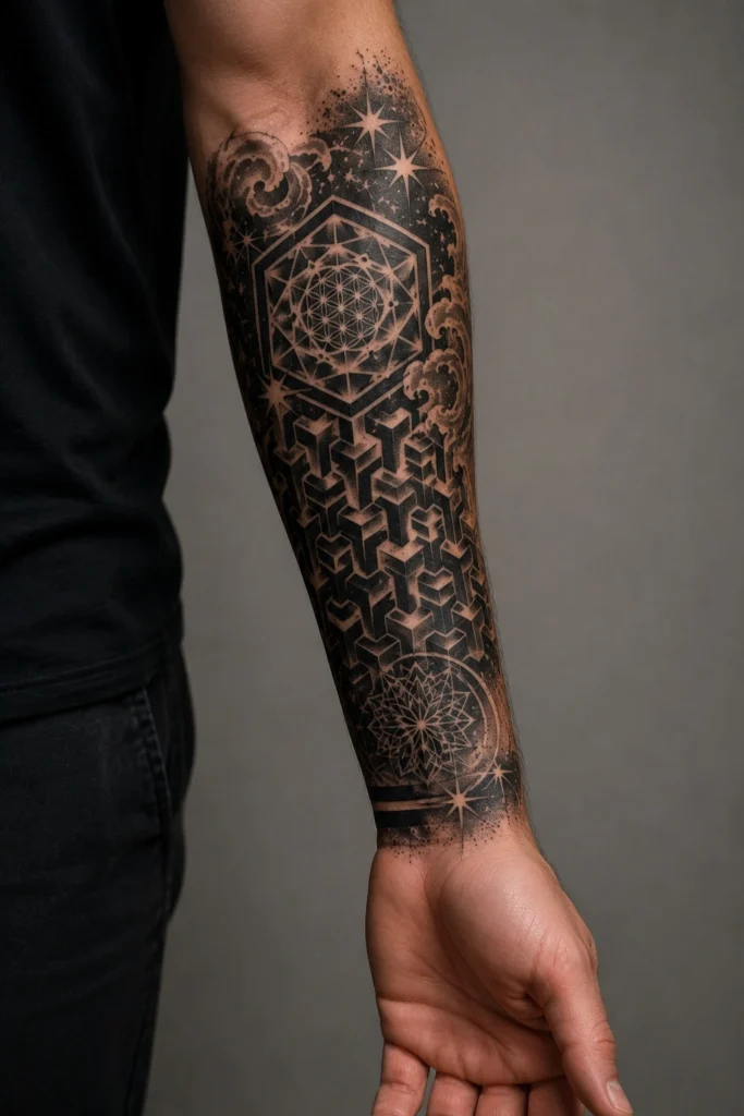 half sleeve tattoo ideas for men geometric blackwork japanese forearm elbow