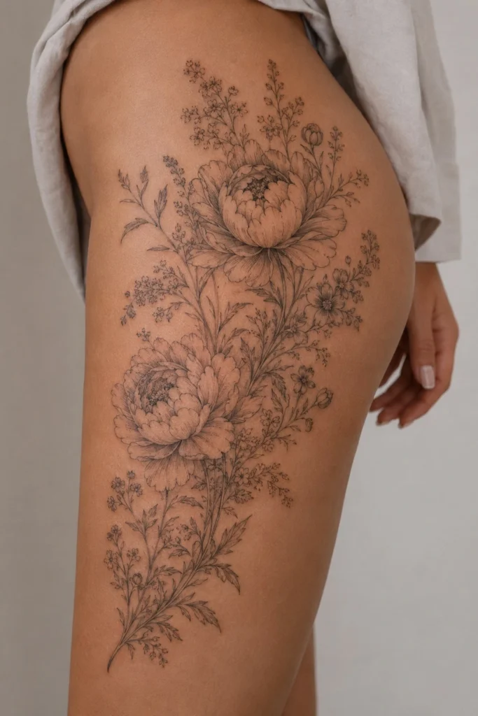 Large scale fine line botanical thigh tattoo for women featuring peony flowers and wildflower elements