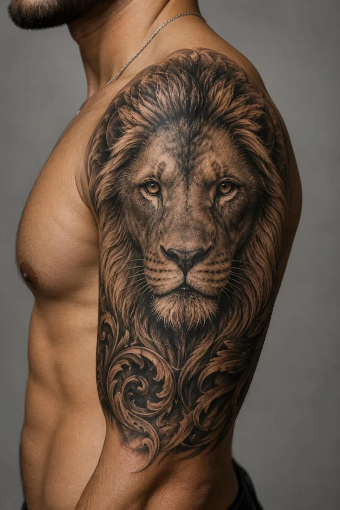 Lion tattoo for men symbolizing courage leadership strength and protection