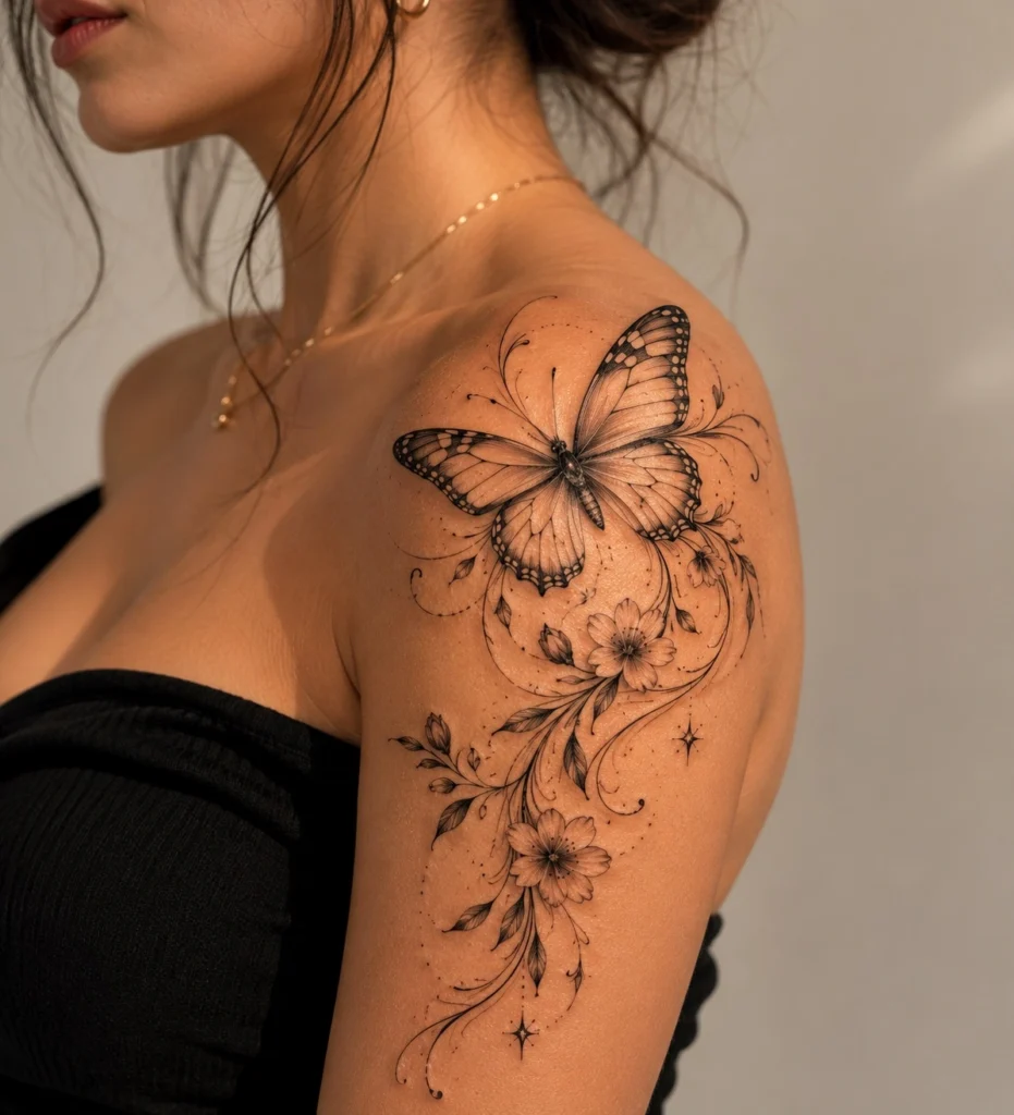 meaningful shoulder tattoo ideas for women butterfly phoenix birth flower