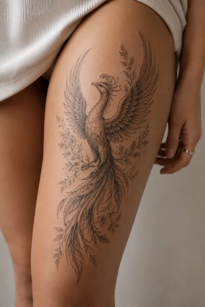 meaningful thigh tattoo ideas for women phoenix floral memorial script