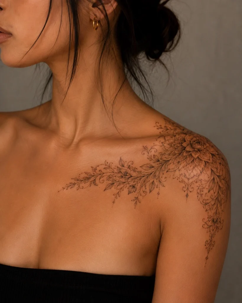 shoulder cap wrap tattoo ideas for women ornamental mandala collarbone