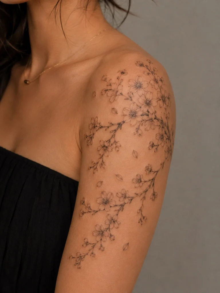 shoulder tattoo ideas for women floral feminine peony cherry blossom fine line