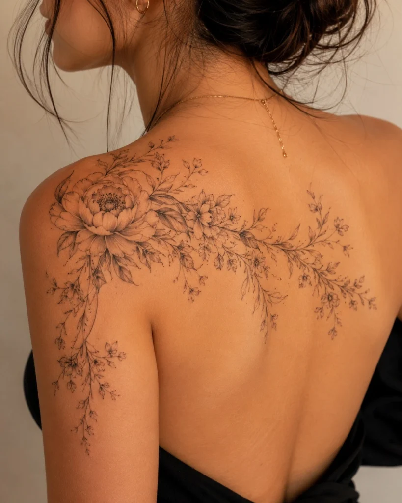 houlder to back tattoo ideas for women botanical composition shoulder blade