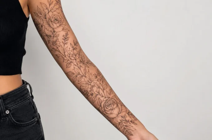 tattoo ideas for women 2026 fine line floral botanical sleeve