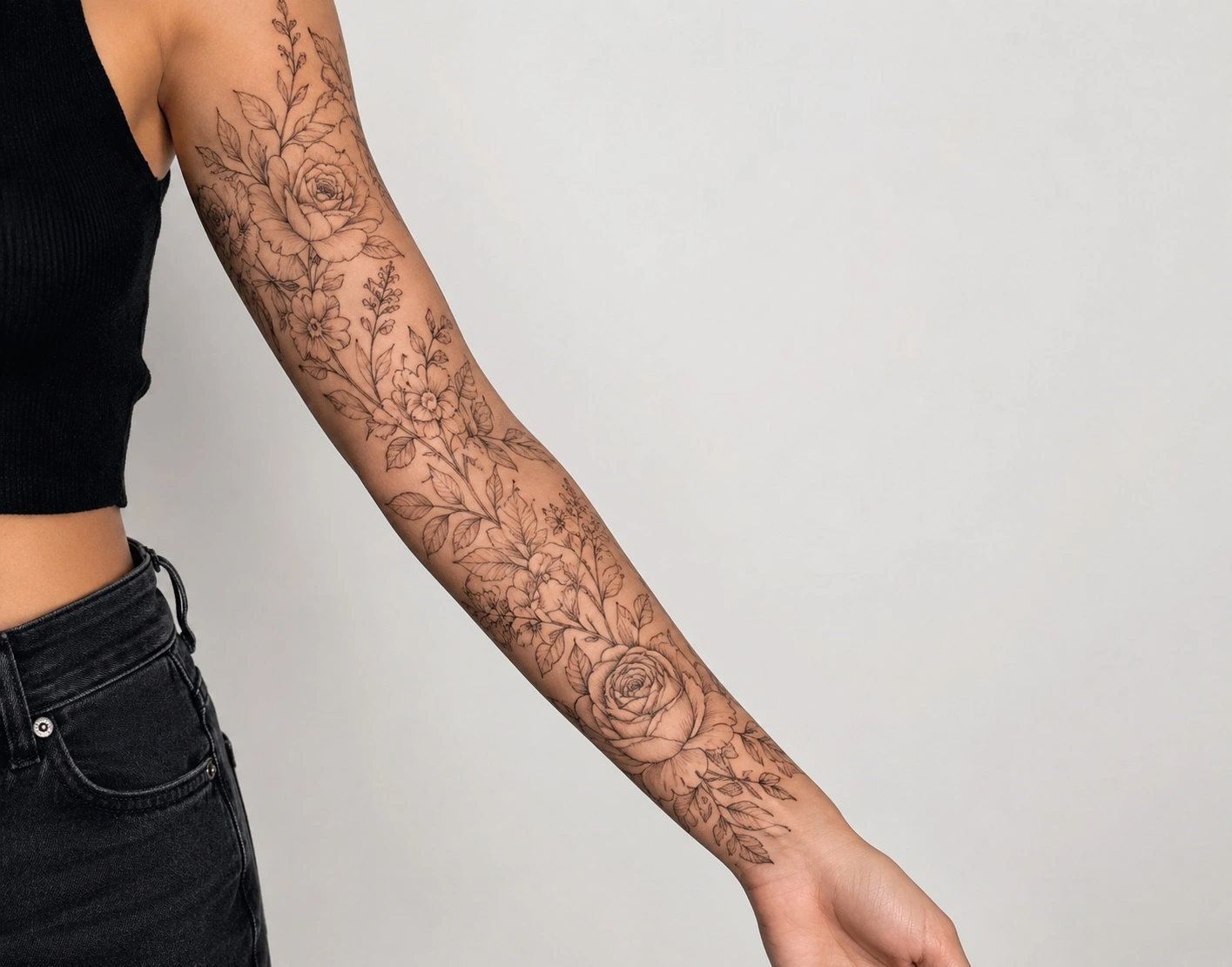tattoo ideas for women 2026 fine line floral botanical sleeve