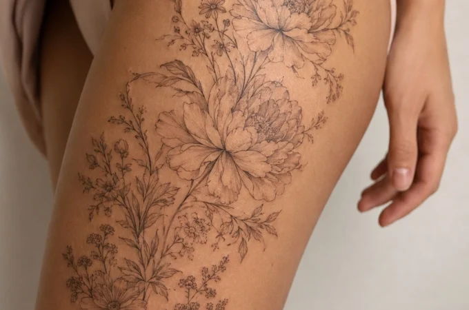 thigh tattoo ideas for women fine line botanical floral wrap large scale