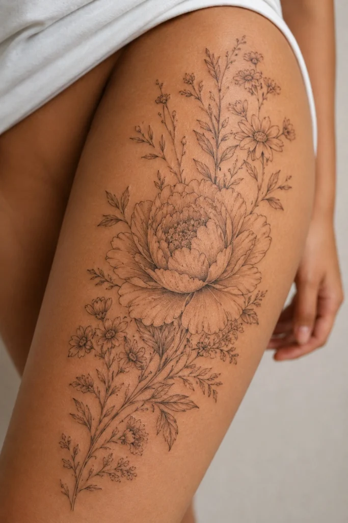 thigh tattoo ideas for women floral botanical wrap peony wildflower