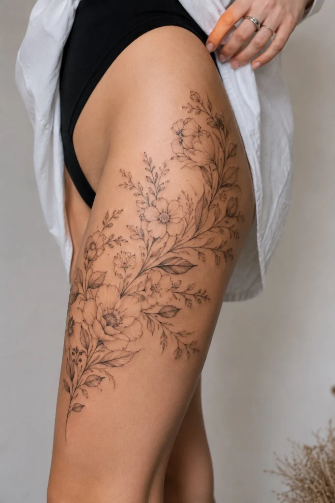 trending tattoo ideas for women 2026 botanical wrap thigh micro realism