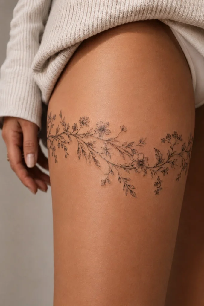 Wrap around floral vine thigh tattoo for women in fine line botanical style