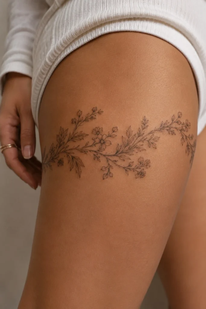 wrap around thigh tattoo ideas for women botanical vine ornamental